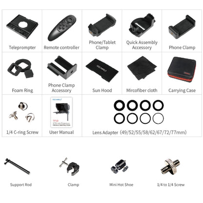 FEELWORLD TP10 แบบพกพา 10 นิ้ว Teleprompter พับพร้อมรีโมทคอนโทรลเลนส์อะแดปเตอร์แหวนสำหรับด้านล่าง 10 นิ้วสมาร์ทโฟน/แท็บเล็ต, TP10