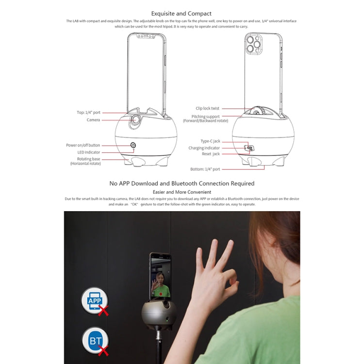LAIZESKE LA8 ที่วางโทรศัพท์หุ่นยนต์อัจฉริยะ 360 องศาติดตามอัตโนมัติ, LA8