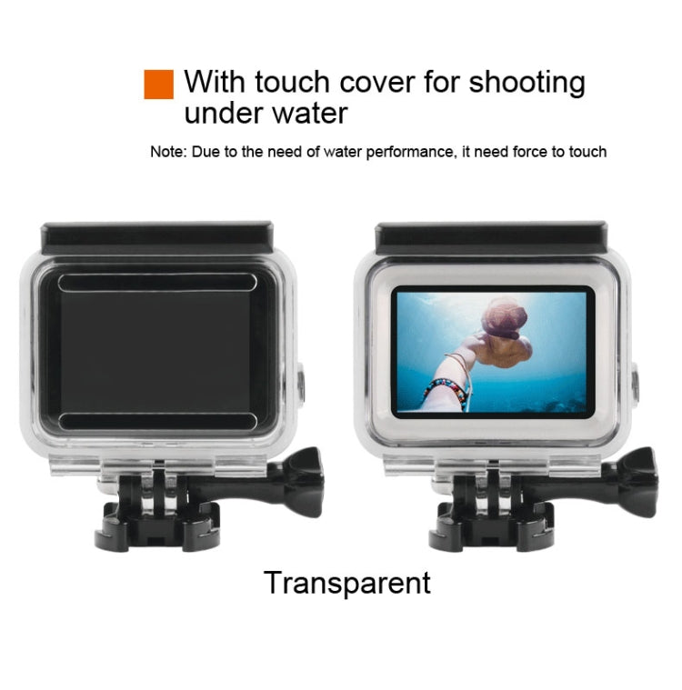 เคสป้องกันที่อยู่อาศัยกันน้ำ 45 ม. + หน้าจอสัมผัสฝาหลังสำหรับ GoPro NEW HERO /HERO6 /5 พร้อมหัวเข็มขัดพื้นฐานและสกรูและฟิลเตอร์ (สีม่วง, สีแดง, สีชมพู) ไม่จำเป็นต้องถอดเลนส์, Touch Screen + Filters (Transparent)