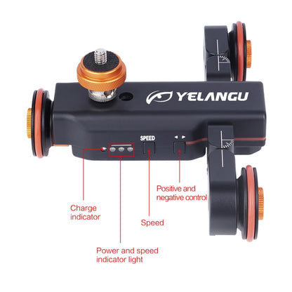 YELANGU L4X กล้องล้อ Dolly II ตัวเลื่อนรางไฟฟ้า 3 ล้อวิดีโอรอกรถดอลลี่กลิ้งพร้อมรีโมทคอนโทรลสำหรับกล้อง DSLR / Home DV, GoPro, สมาร์ทโฟน, โหลด: 3 กก., L4X Dolly Car Black