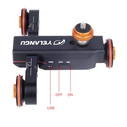 YELANGU L4X กล้องล้อ Dolly II ตัวเลื่อนรางไฟฟ้า 3 ล้อวิดีโอรอกรถดอลลี่กลิ้งพร้อมรีโมทคอนโทรลสำหรับกล้อง DSLR / Home DV, GoPro, สมาร์ทโฟน, โหลด: 3 กก., L4X Dolly Car Black