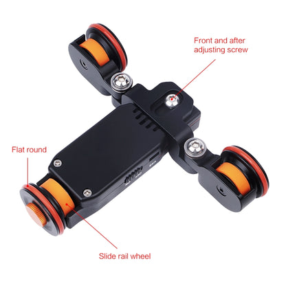 YELANGU L4X กล้องล้อ Dolly II ตัวเลื่อนรางไฟฟ้า 3 ล้อวิดีโอรอกรถดอลลี่กลิ้งพร้อมรีโมทคอนโทรลสำหรับกล้อง DSLR / Home DV, GoPro, สมาร์ทโฟน, โหลด: 3 กก., L4X Dolly Car Black