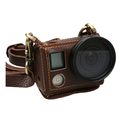 สำหรับ GoPro HERO4 เคสหนังแท้เนื้อลิ้นจี่พร้อมสลิง, Litchi Texture (Brown)