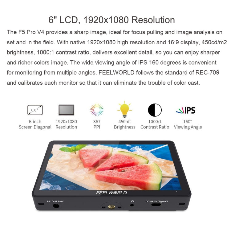 FEELWORLD F5 Pro V4 6 นิ้วหน้าจอสัมผัสกล้อง DSLR Field Monitor 3D LUT 4K อินพุต HDMI เอาต์พุตแขนเอียง, F5 Pro V4