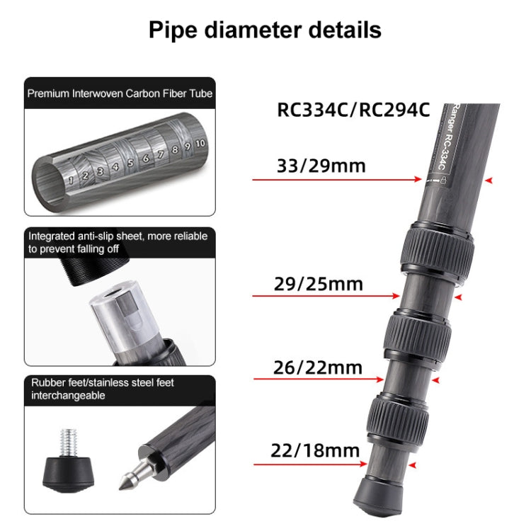 BEXIN RC334 ขาตั้งกล้องคาร์บอนไฟเบอร์แบบพับได้แบบพกพา, RC334