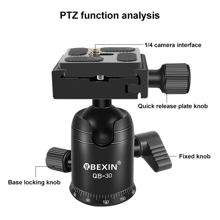 BEIXIN QB-30 หัวบอลโลหะพาโนรามาหมุนได้ 360 องศาพร้อมแผ่นปลดเร็ว, QB-30
