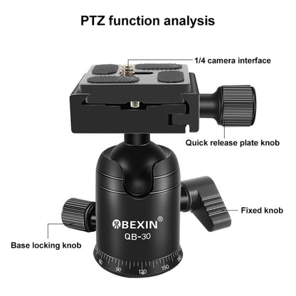 BEIXIN QB-30 หัวบอลโลหะพาโนรามาหมุนได้ 360 องศาพร้อมแผ่นปลดเร็ว, QB-30
