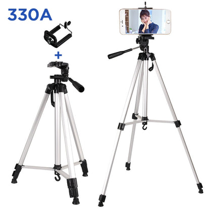 ถ่ายทอดสดขาตั้งกล้องขาพับ 3 ส่วนอลูมิเนียมอัลลอยด์เมาขาตั้งกล้องพร้อมหัวขาตั้งกล้องสามมิติรูปตัวยูและที่หนีบโทรศัพท์สำหรับกล้อง DSLR และกล้องดิจิตอลความสูงที่ปรับได้: 47.5-133 ซม., 330A