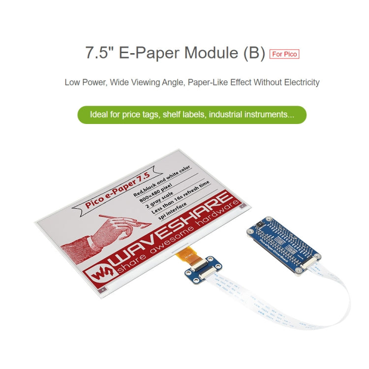Waveshare 7.5 นิ้ว 800x480 พิกเซลสีแดงสีดำสีขาว E-Paper โมดูลแสดงผล E-Ink (B) สำหรับ Raspberry Pi Pico,อินเทอร์เฟซ SPI, 20129