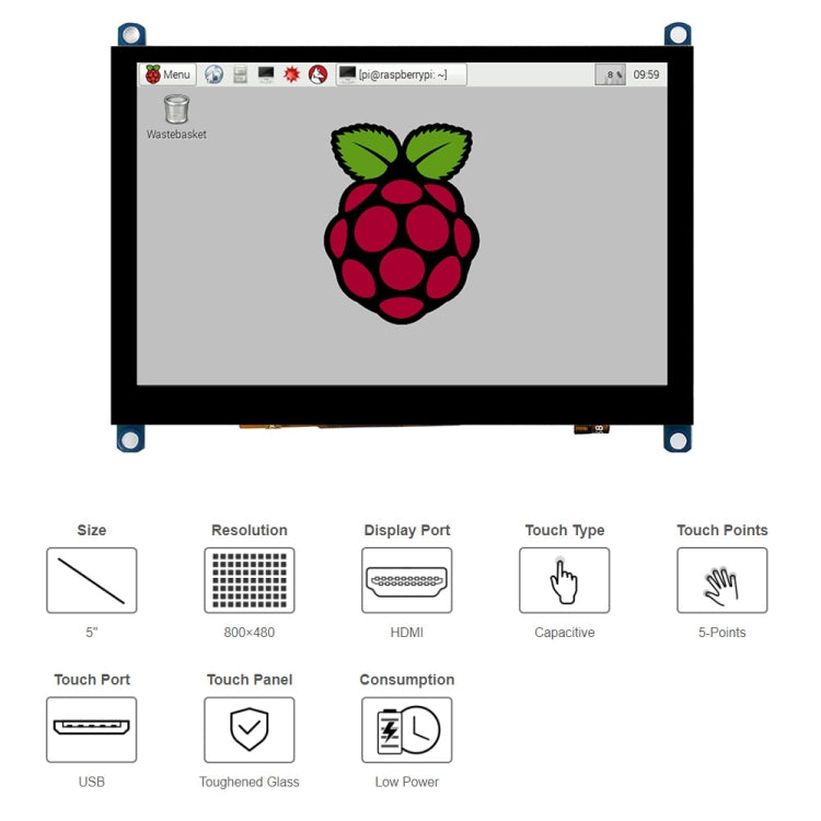 Waveshare 5 นิ้วรุ่น Slimmed-down 800 x 480 แผงกระจกแกร่งหน้าจอสัมผัสแบบ Capacitive LCD (H), 5 inch