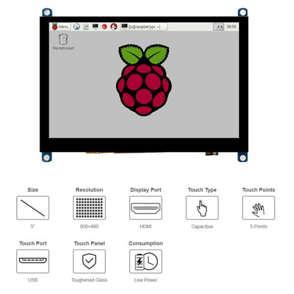 Waveshare 5 นิ้วรุ่น Slimmed-down 800 x 480 แผงกระจกแกร่งหน้าจอสัมผัสแบบ Capacitive LCD (H), 5 inch