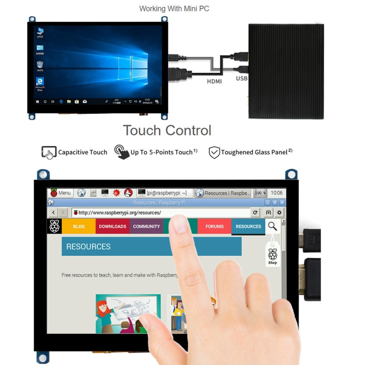 Waveshare 5 นิ้วรุ่น Slimmed-down 800 x 480 แผงกระจกแกร่งหน้าจอสัมผัสแบบ Capacitive LCD (H), 5 inch