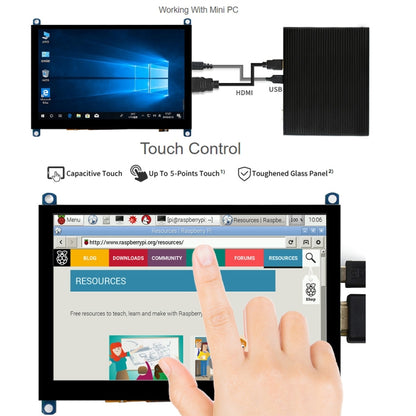 Waveshare 5 นิ้วรุ่น Slimmed-down 800 x 480 แผงกระจกแกร่งหน้าจอสัมผัสแบบ Capacitive LCD (H), 5 inch