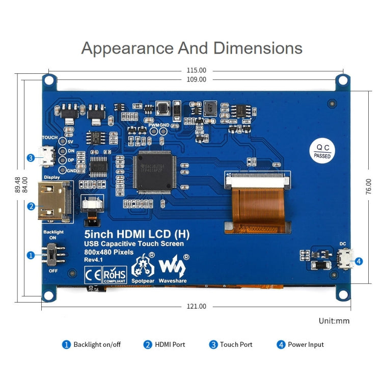 Waveshare 5 นิ้วรุ่น Slimmed-down 800 x 480 แผงกระจกแกร่งหน้าจอสัมผัสแบบ Capacitive LCD (H), 5 inch