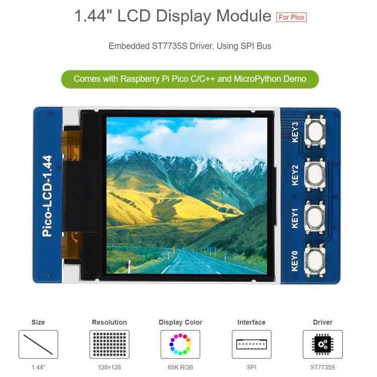 WAVESHARE 1.44 นิ้ว LCD 65K สี 128x128 โมดูลแสดงผลสำหรับ Raspberry Pi Pico,อินเทอร์เฟซ SPI, 1.44 inch