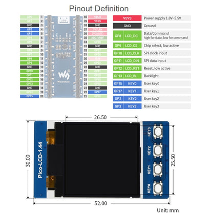 WAVESHARE 1.44 นิ้ว LCD 65K สี 128x128 โมดูลแสดงผลสำหรับ Raspberry Pi Pico,อินเทอร์เฟซ SPI, 1.44 inch
