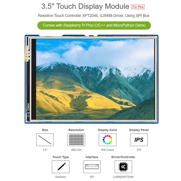 WAVESHARE 3.5 นิ้ว 65K สี 480 x 320 โมดูลแสดงผลแบบสัมผัสสำหรับ Raspberry Pi Pico, อินเทอร์เฟซ SPI, 3.5 inch