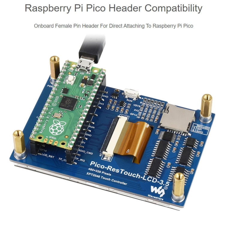 WAVESHARE 3.5 นิ้ว 65K สี 480 x 320 โมดูลแสดงผลแบบสัมผัสสำหรับ Raspberry Pi Pico, อินเทอร์เฟซ SPI, 3.5 inch