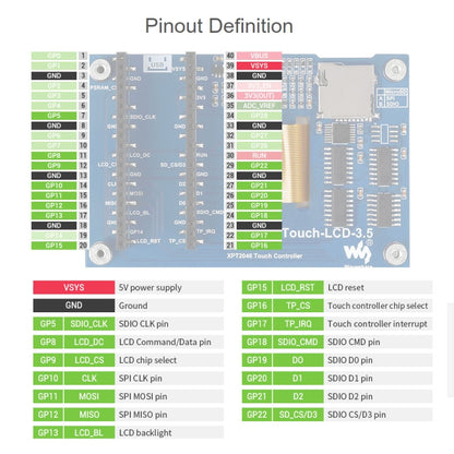 WAVESHARE 3.5 นิ้ว 65K สี 480 x 320 โมดูลแสดงผลแบบสัมผัสสำหรับ Raspberry Pi Pico, อินเทอร์เฟซ SPI, 3.5 inch