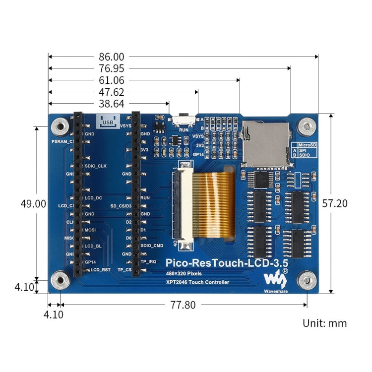 WAVESHARE 3.5 นิ้ว 65K สี 480 x 320 โมดูลแสดงผลแบบสัมผัสสำหรับ Raspberry Pi Pico, อินเทอร์เฟซ SPI, 3.5 inch