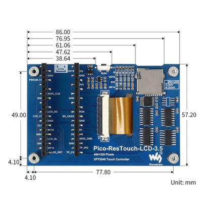 WAVESHARE 3.5 นิ้ว 65K สี 480 x 320 โมดูลแสดงผลแบบสัมผัสสำหรับ Raspberry Pi Pico, อินเทอร์เฟซ SPI, 3.5 inch