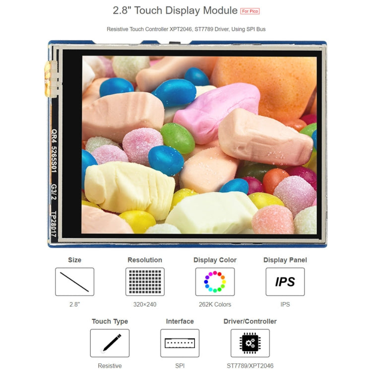 WAVESHARE 2.8 นิ้ว 262K สี 320 x 240 พิกเซลโมดูลแสดงผลแบบสัมผัสสำหรับ Raspberry Pi Pico, อินเทอร์เฟซ SPI, 2.8 inch