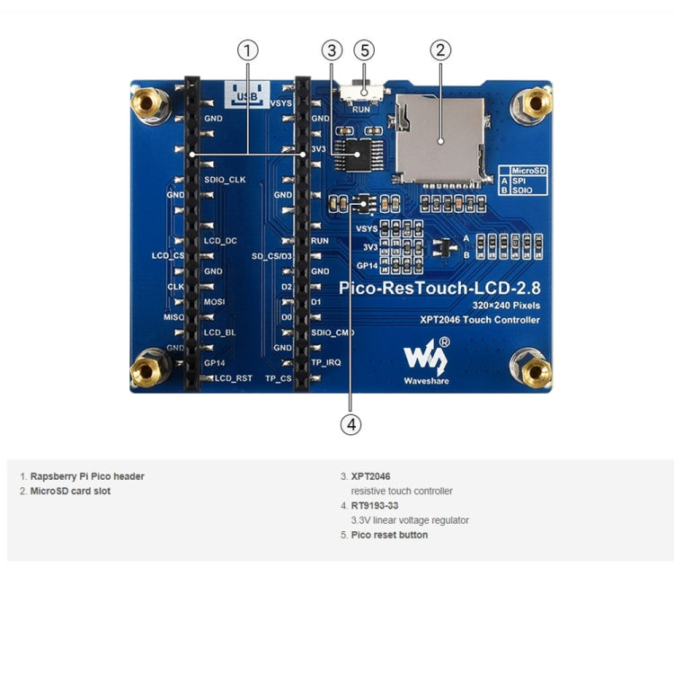 WAVESHARE 2.8 นิ้ว 262K สี 320 x 240 พิกเซลโมดูลแสดงผลแบบสัมผัสสำหรับ Raspberry Pi Pico, อินเทอร์เฟซ SPI, 2.8 inch