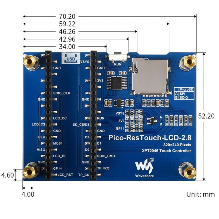 WAVESHARE 2.8 นิ้ว 262K สี 320 x 240 พิกเซลโมดูลแสดงผลแบบสัมผัสสำหรับ Raspberry Pi Pico, อินเทอร์เฟซ SPI, 2.8 inch