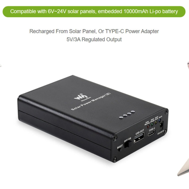 Waveshare Solar Power Manager, แบตเตอรี่ Li-Po ขนาด 10000mAh ในตัว, รองรับแผงโซลาร์เซลล์ 6V~24V, 19799