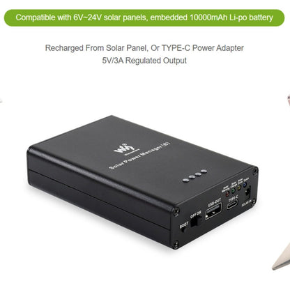 Waveshare Solar Power Manager, แบตเตอรี่ Li-Po ขนาด 10000mAh ในตัว, รองรับแผงโซลาร์เซลล์ 6V~24V, 19799