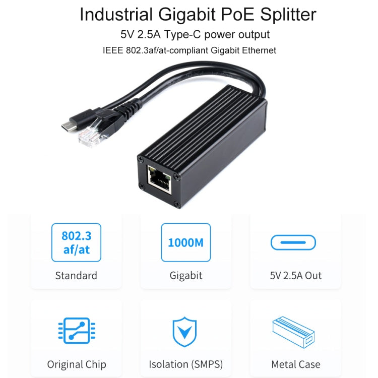 ตัวแยก Gigabit PoE เคสโลหะ Waveshare, 5V 2.5A Type-C Out