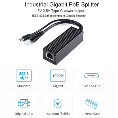 ตัวแยก Gigabit PoE เคสโลหะ Waveshare, 5V 2.5A Type-C Out