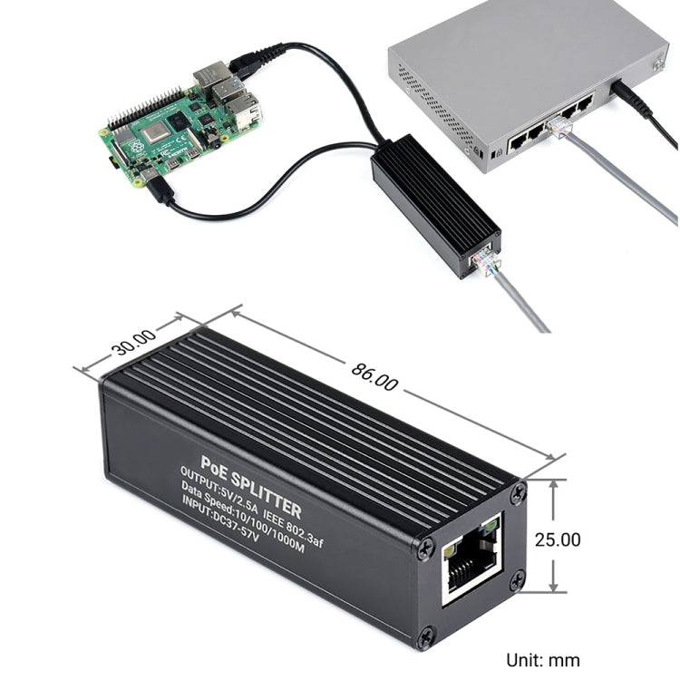 ตัวแยก Gigabit PoE เคสโลหะ Waveshare, 5V 2.5A Type-C Out