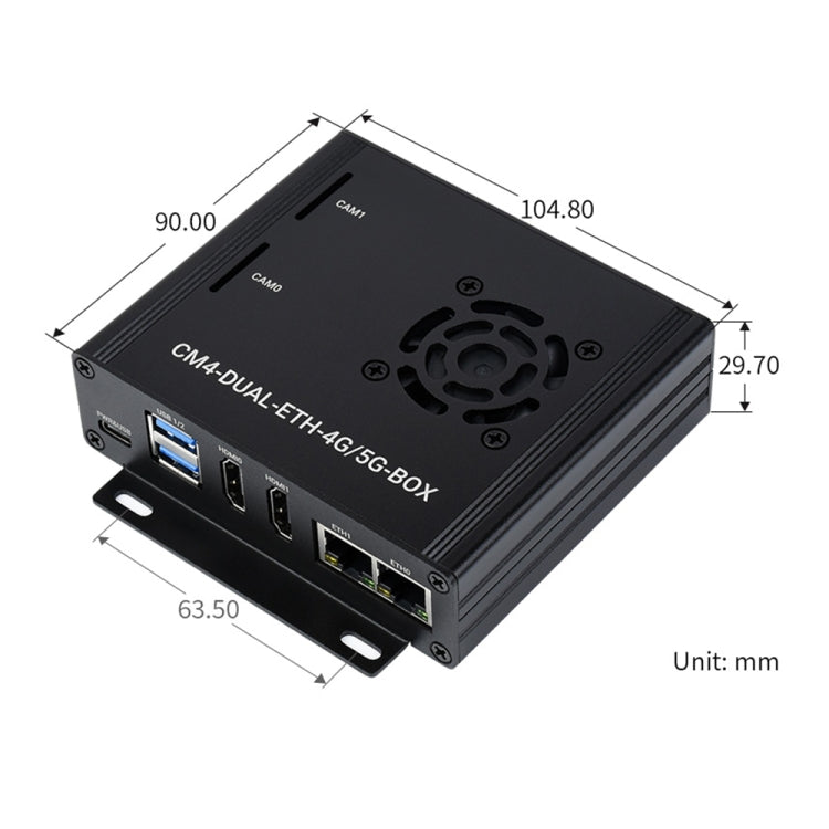 กล่องคอมพิวเตอร์ Waveshare Dual Gigabit Ethernet 5G/4G พร้อมพัดลมระบายความร้อนสำหรับ Raspberry Pi CM4