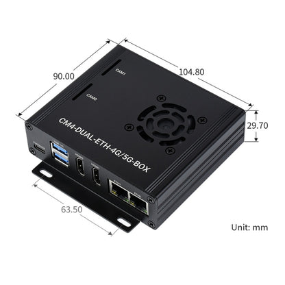 กล่องคอมพิวเตอร์ Waveshare Dual Gigabit Ethernet 5G/4G พร้อมพัดลมระบายความร้อนสำหรับ Raspberry Pi CM4