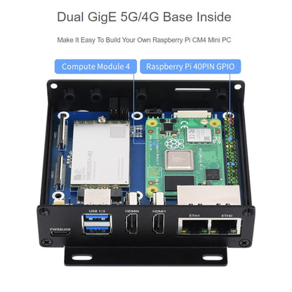กล่องคอมพิวเตอร์ Waveshare Dual Gigabit Ethernet 5G/4G พร้อมพัดลมระบายความร้อนสำหรับ Raspberry Pi CM4
