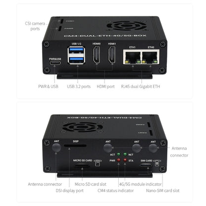 กล่องคอมพิวเตอร์ Waveshare Dual Gigabit Ethernet 5G/4G พร้อมพัดลมระบายความร้อนสำหรับ Raspberry Pi CM4