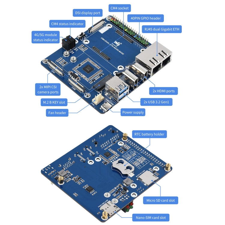 กล่องคอมพิวเตอร์ Waveshare Dual Gigabit Ethernet 5G/4G พร้อมพัดลมระบายความร้อนสำหรับ Raspberry Pi CM4
