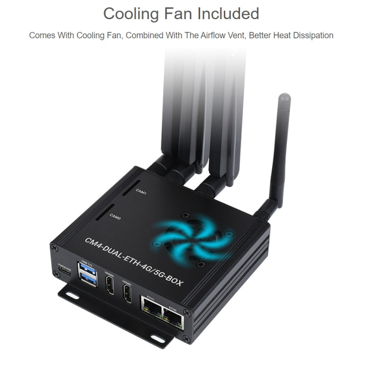 กล่องคอมพิวเตอร์ Waveshare Dual Gigabit Ethernet 5G/4G พร้อมพัดลมระบายความร้อนสำหรับ Raspberry Pi CM4