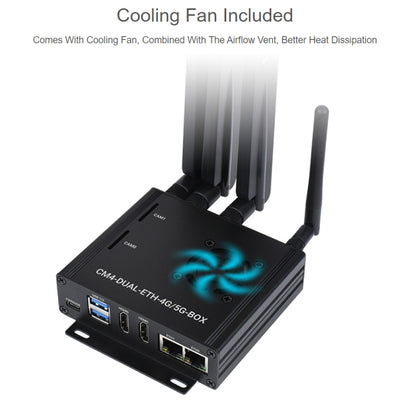 กล่องคอมพิวเตอร์ Waveshare Dual Gigabit Ethernet 5G/4G พร้อมพัดลมระบายความร้อนสำหรับ Raspberry Pi CM4