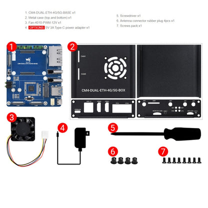กล่องคอมพิวเตอร์ Waveshare Dual Gigabit Ethernet 5G/4G พร้อมพัดลมระบายความร้อนสำหรับ Raspberry Pi CM4