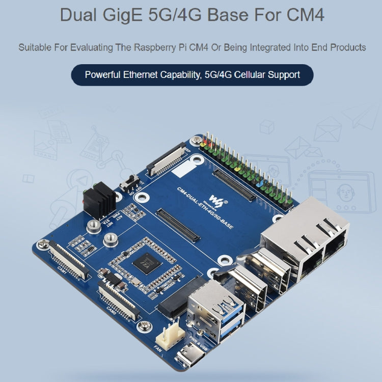 บอร์ดฐาน Waveshare Dual Gigabit Ethernet 5G / 4G สำหรับ Raspberry Pi CM4
