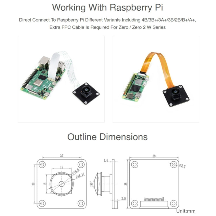 Waveshare IMX378-190 เลนส์ Fisheye 12.3MP กล้องมุมกว้างสำหรับ Raspberry Pi, IMX378-190 Module