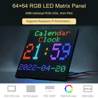 แผงเมทริกซ์ LED แบบเต็มสี Waveshare RGB, ระยะห่าง 3 มม., 64 x 64 พิกเซล, ความสว่างที่ปรับได้, 22100
