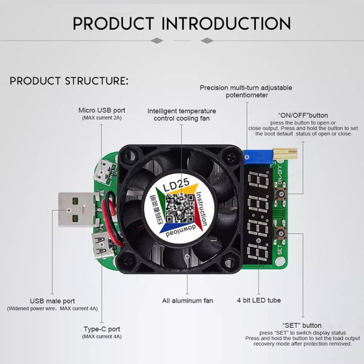LD25 ปรับแรงดันไฟฟ้าอิเล็กทรอนิกส์ USB โหลด Resistor Discharge แบตเตอรี่ Test