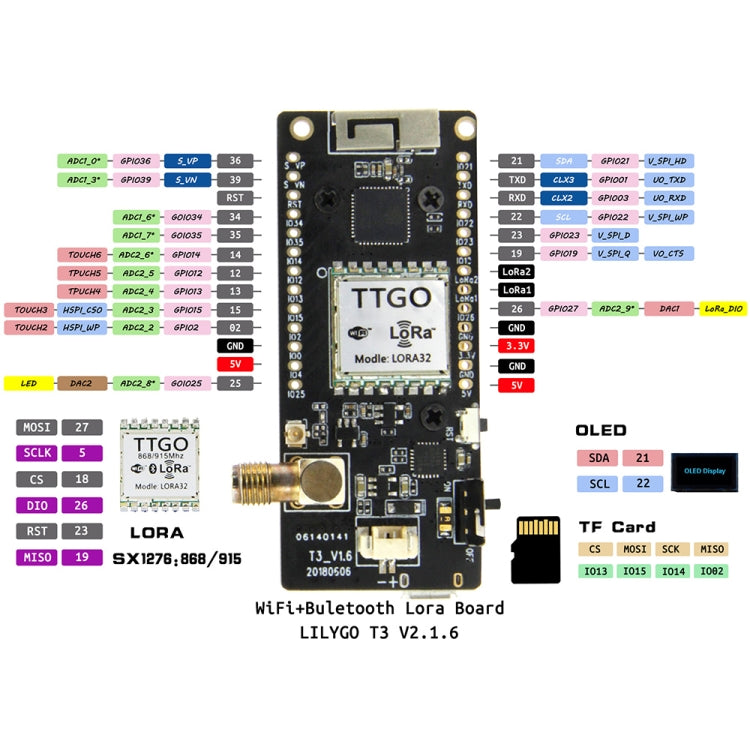 TTGO LORA32 V2.1 ESP32 0.96 นิ้ว OLED Bluetooth WiFi โมดูลไร้สาย 433MHz SMA IP5306 โมดูลพร้อมเสาอากาศ, 433MHz