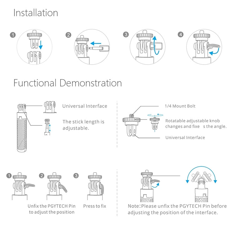 PGYTECH P-GM-117 กล้องแอคชั่นแคมเมรา ขาตั้ง ส่วนต่อขยายเซลฟี่สติ๊กสำหรับ DJI Osmo Action, P-GM-117