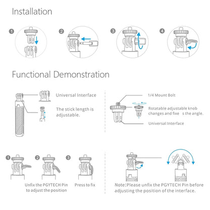 PGYTECH P-GM-117 กล้องแอคชั่นแคมเมรา ขาตั้ง ส่วนต่อขยายเซลฟี่สติ๊กสำหรับ DJI Osmo Action, P-GM-117