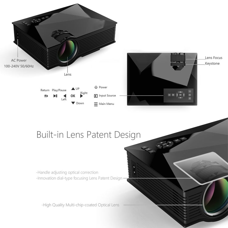 UC68+ 40ANSI 1024 x 600P โฮมเธียเตอร์มัลติมีเดีย HD LED Projector, รองรับ USB/SD/HDMI/VGA/IR, UC46+ Black
