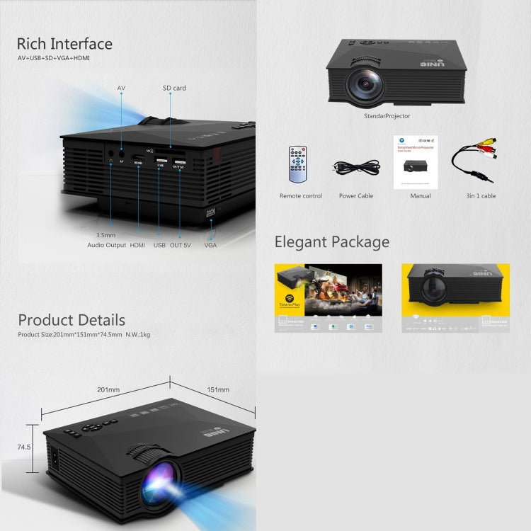 UC68+ 40ANSI 1024 x 600P โฮมเธียเตอร์มัลติมีเดีย HD LED Projector, รองรับ USB/SD/HDMI/VGA/IR, UC46+ Black